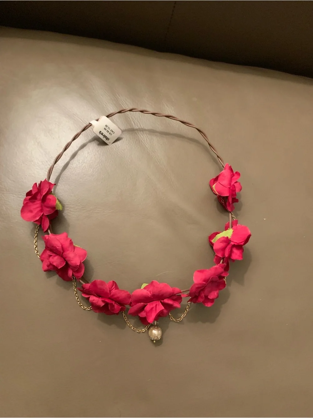 Red Flower🌹 Crown 👑Headband with Gold Chain and Pearl Accent-Adjustable/Bendable